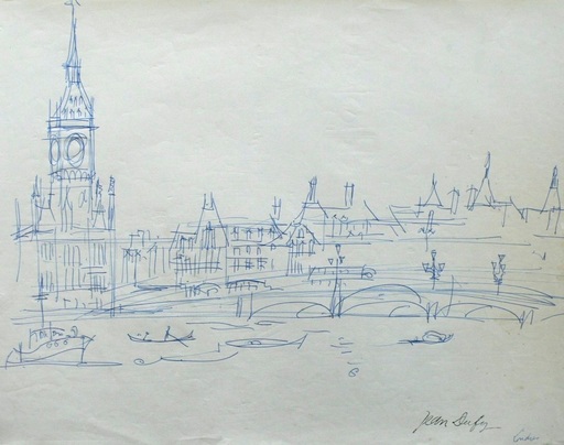 Jean DUFY - Drawing-Watercolor - « Londres - Le pont de Westminster sur la Tamise & Big Ben »